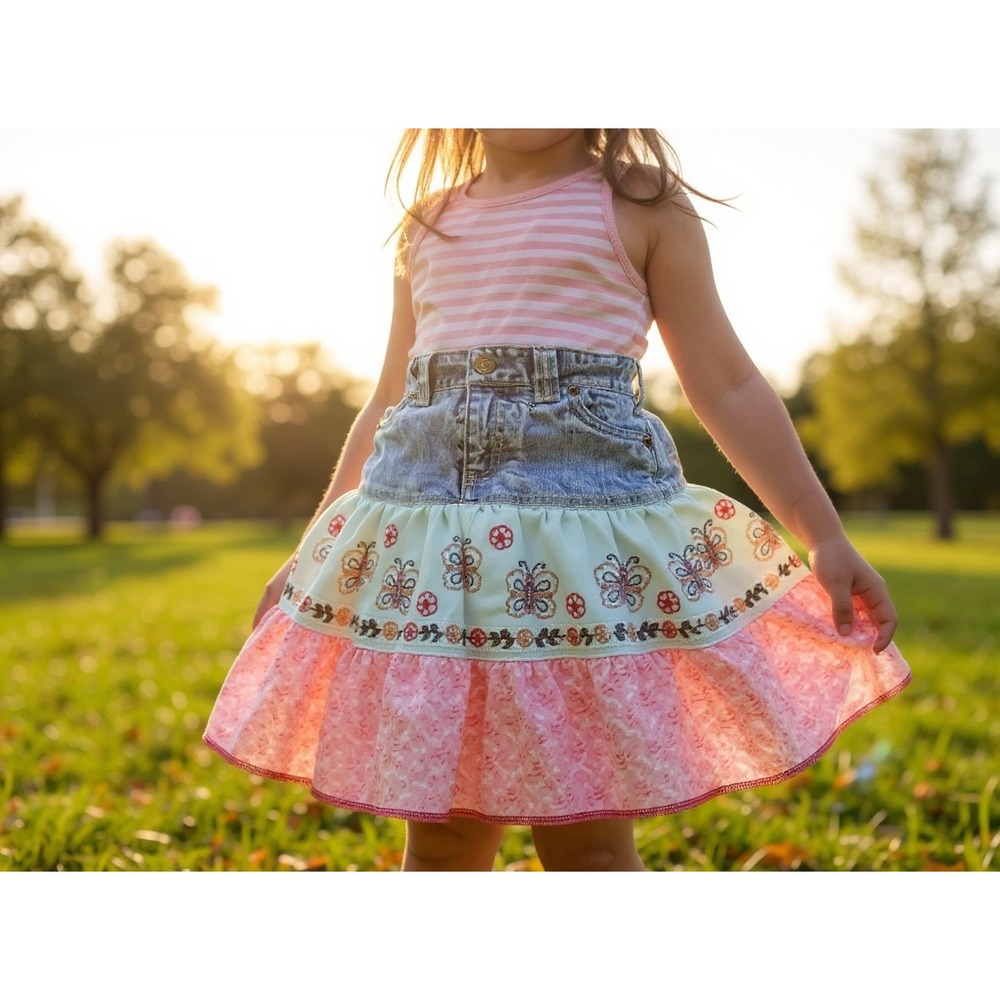 GreenDog‎ y2k GirlsDenim Tiered Ruffle Skirt Butterflies Flowers Pink Light Blue